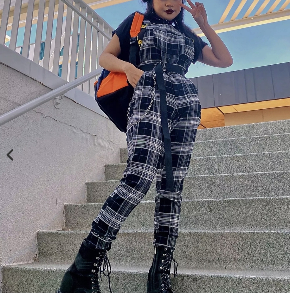 Hot Topic Black and White Plaid Overalls Sz.S